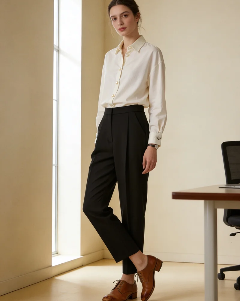 Modelo llevando camisa popelín COS, pantalón pinzas COS y zapatos Derby Elba de LOTTUSSE